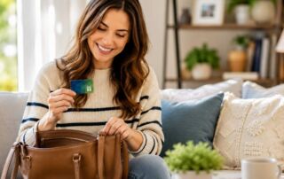 Woman searching through her handbag while holding a gift card in her living room.