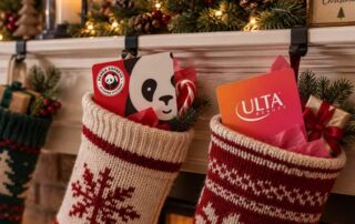 Panda Express and Ulta Beauty gift cards tucked into Christmas stockings