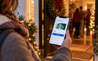 Person holding a smartphone displaying a $25 Starbucks digital gift card outside a festive holiday gathering.